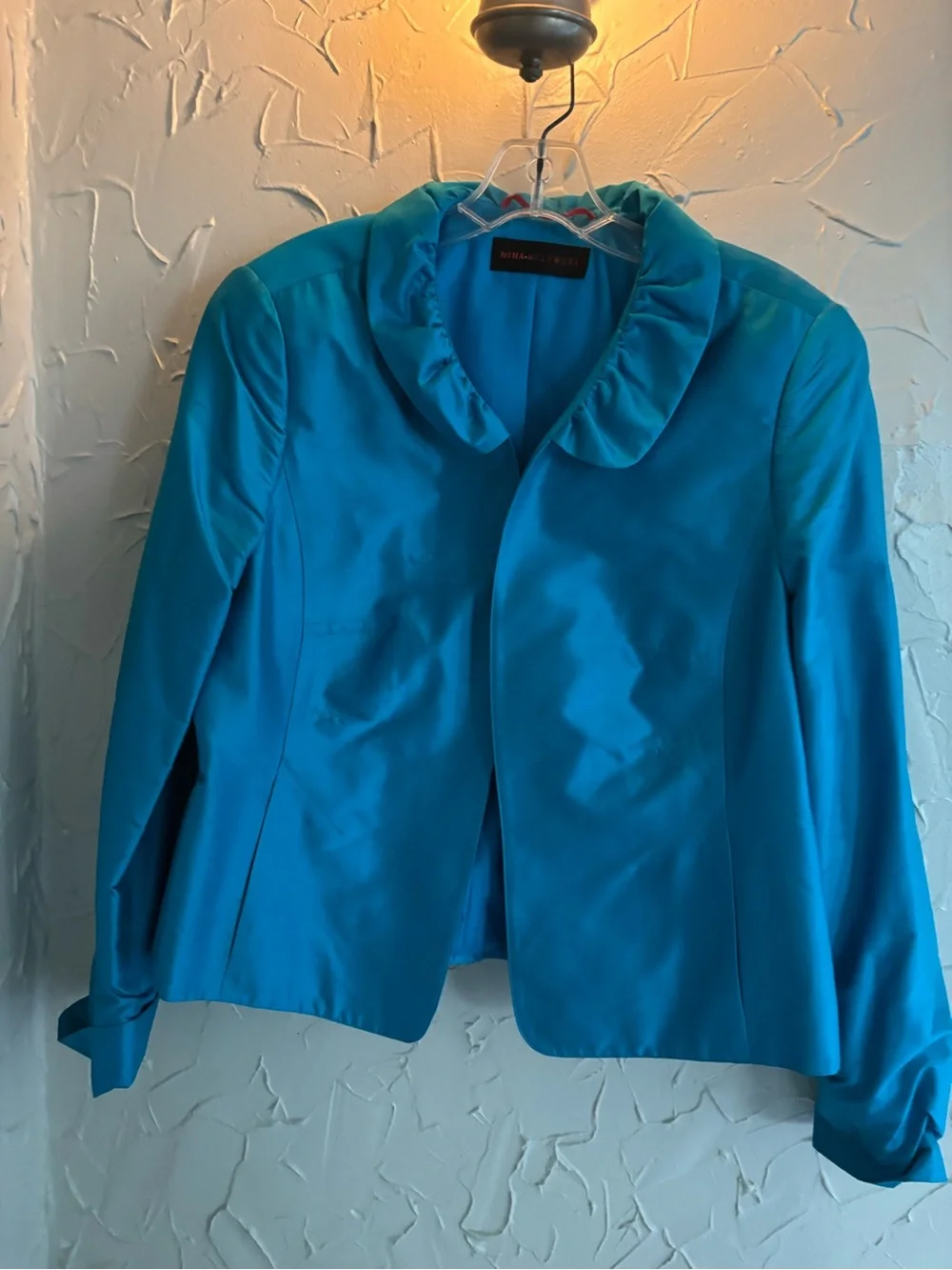 Nina Leonard Teal Ruffle-Collar Blazer